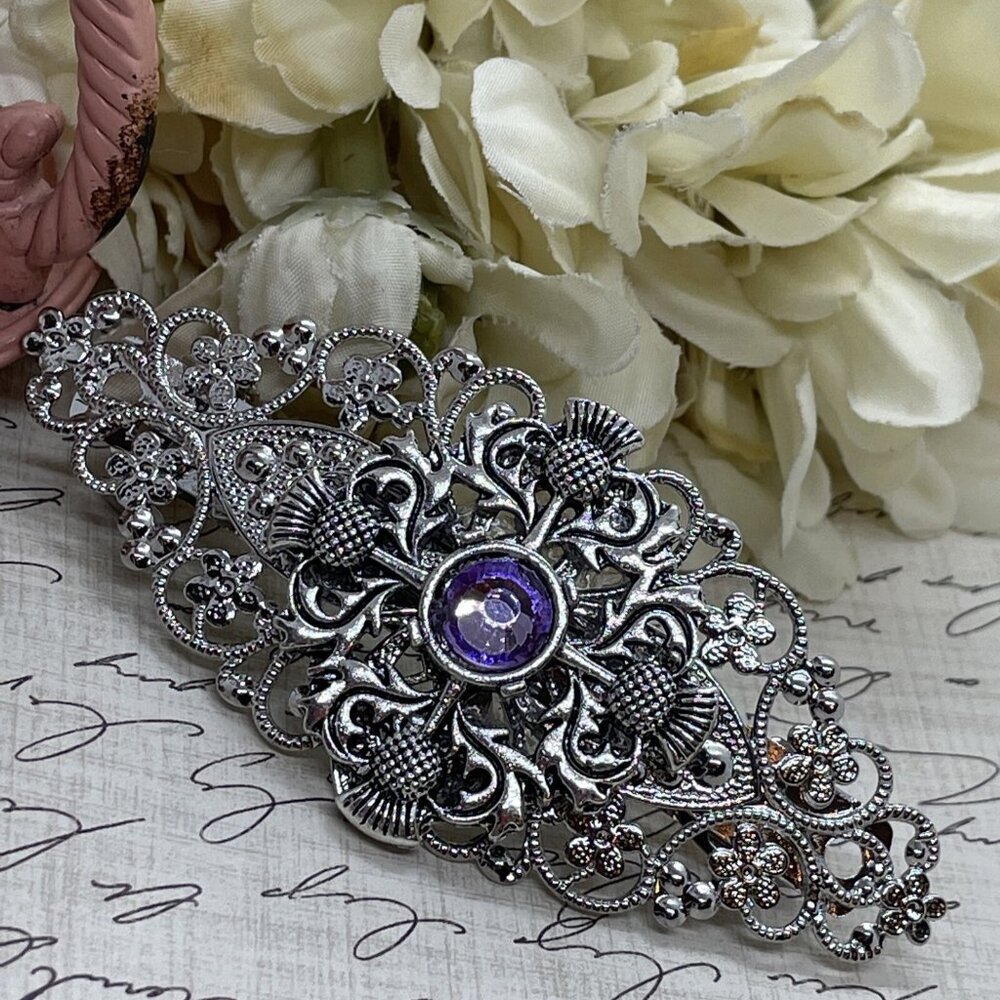 Festival Thistle Purple Scottish Irish Comb Hair Pin Hairpin Barrette Clip Slvr
